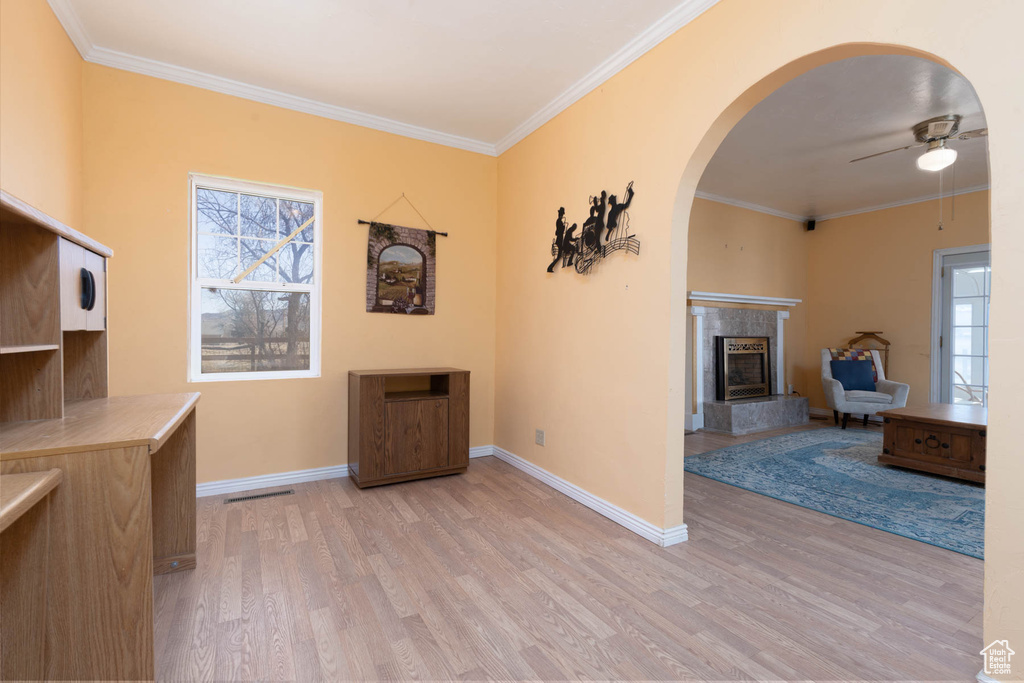 Unfurnished office with light wood finished floors, a fireplace, a ceiling fan, and ornamental molding