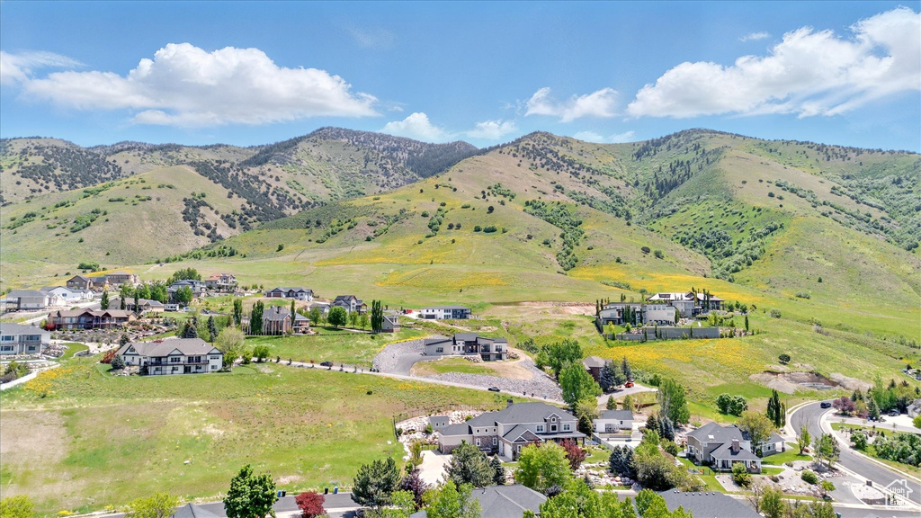 Aerial view of residential area with mountains
