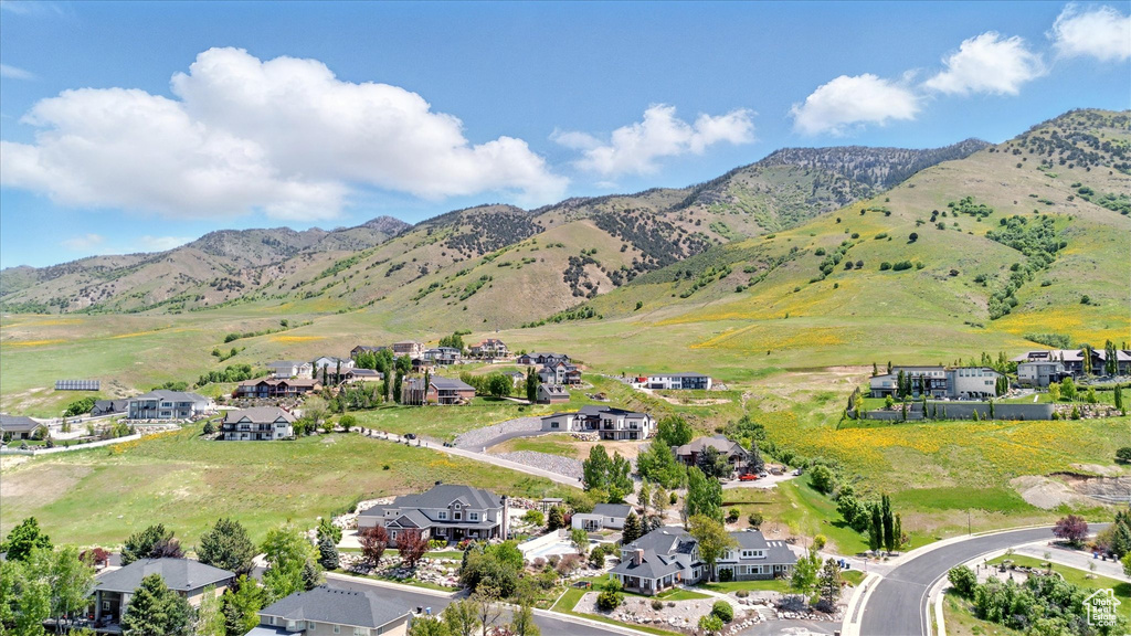 Aerial perspective of suburban area featuring a mountain backdrop