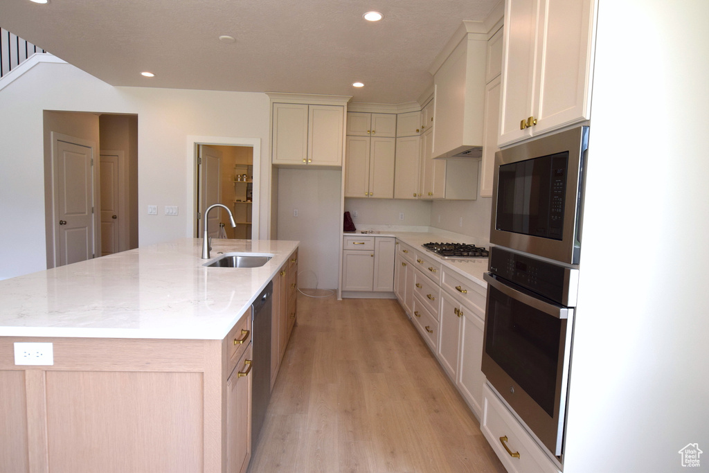 Kitchen featuring a sink, stainless steel appliances, light wood finished floors, a center island with sink, and recessed lighting