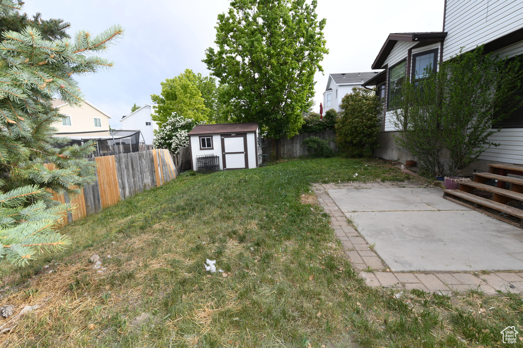 View of yard with a storage shed, a patio area, and an outbuilding