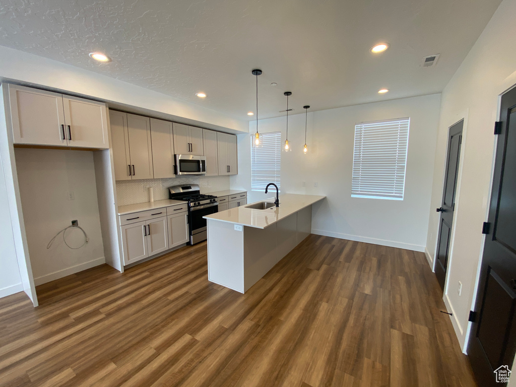 Kitchen with dark wood finished floors, appliances with stainless steel finishes, a peninsula, and a sink