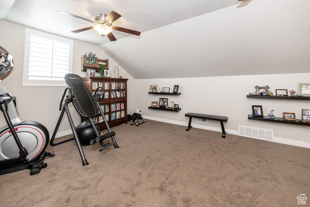 Exercise area featuring visible vents, carpet, baseboards, ceiling fan, and vaulted ceiling