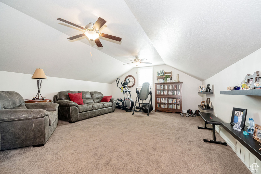 Interior space featuring lofted ceiling, a ceiling fan, carpet floors, and a textured ceiling