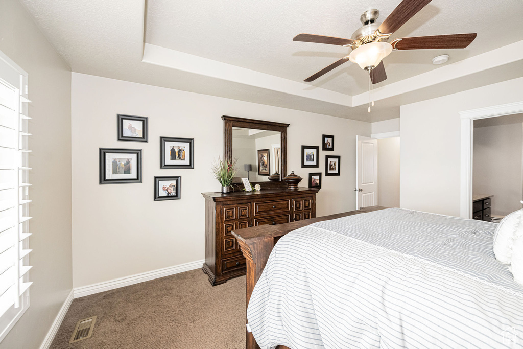 Bedroom with a ceiling fan, baseboards, visible vents, a raised ceiling, and light colored carpet
