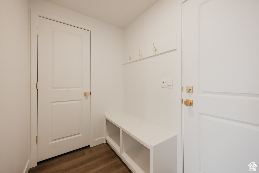 Mudroom with dark wood finished floors