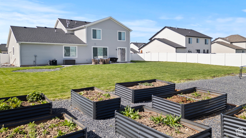 Rear view of property with a vegetable garden