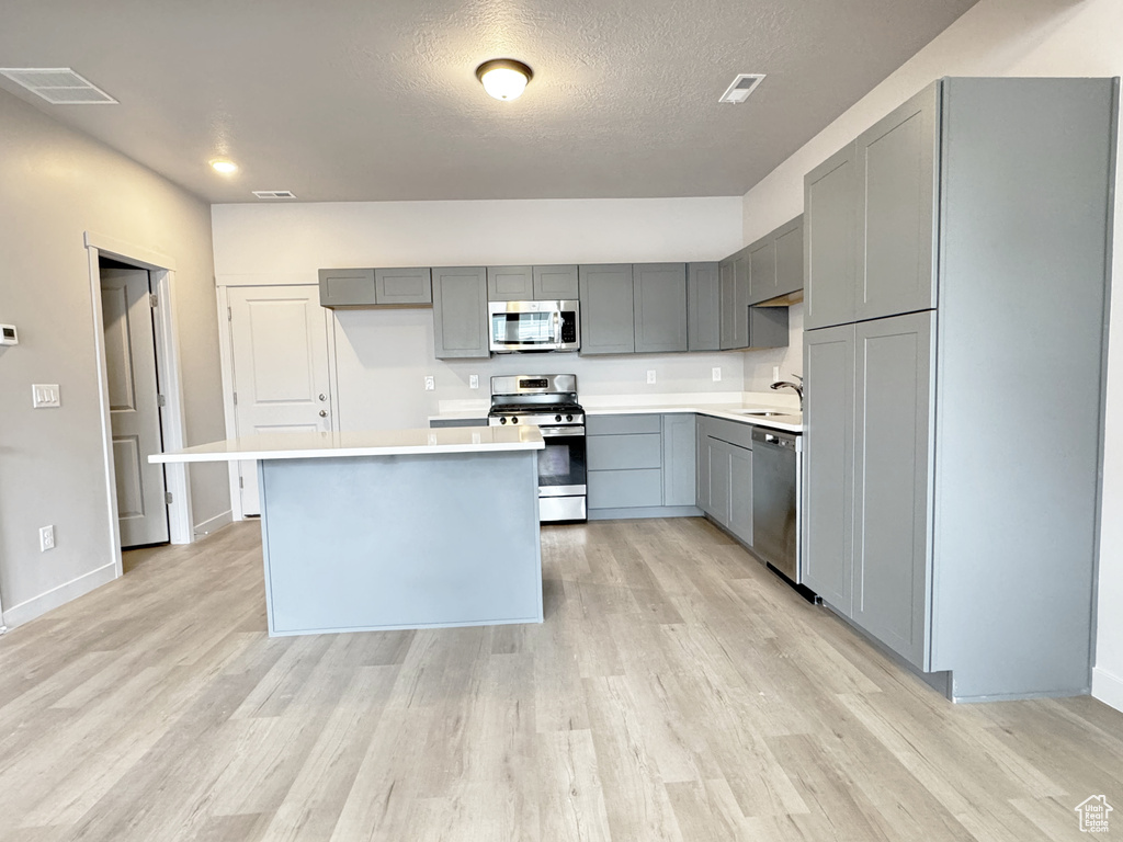 Kitchen with light wood-style flooring, gray cabinetry, visible vents, and stainless steel appliances