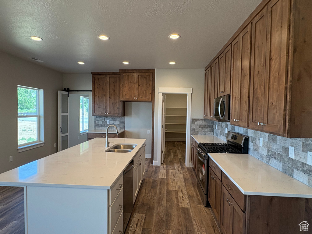 Kitchen featuring stainless steel appliances, a sink, dark wood-style floors, recessed lighting, and backsplash