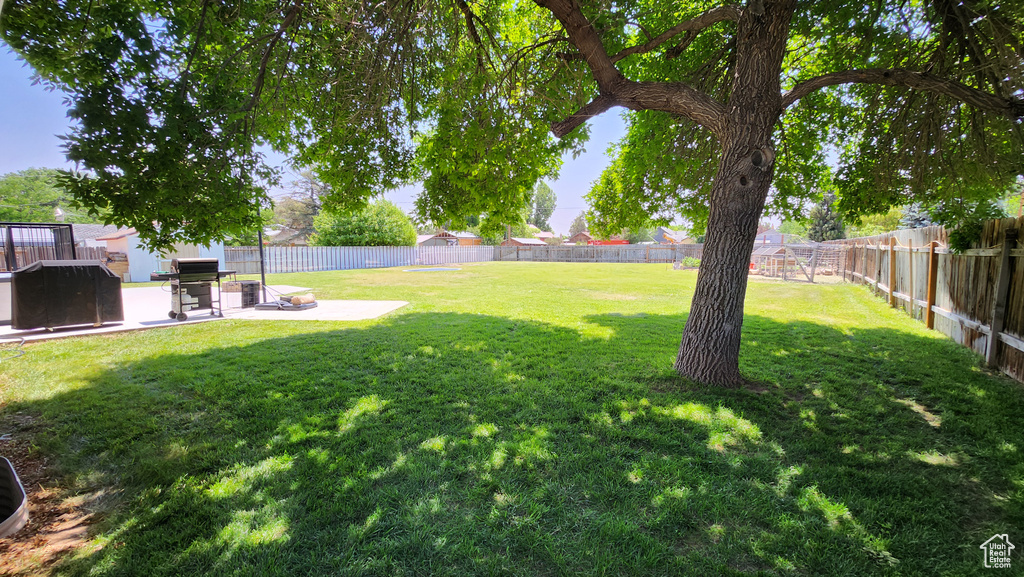 Fenced backyard with a patio