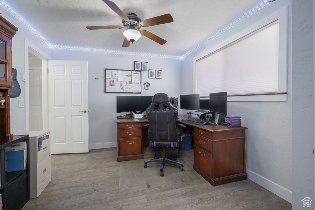Office featuring baseboards, light wood-type flooring, and ceiling fan