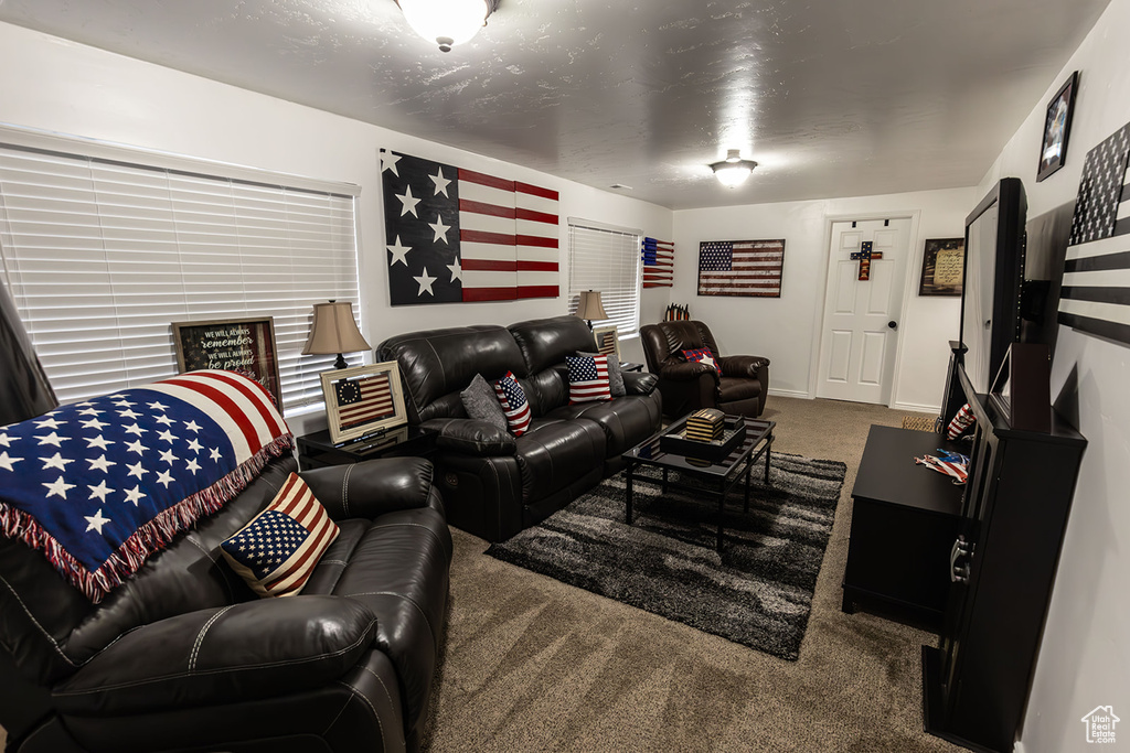 Carpeted living room featuring baseboards