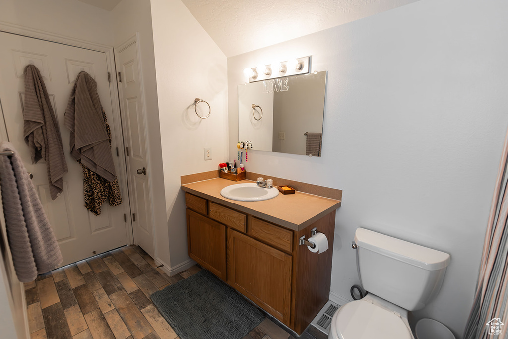 Bathroom featuring vanity, lofted ceiling, toilet, and wood finished floors