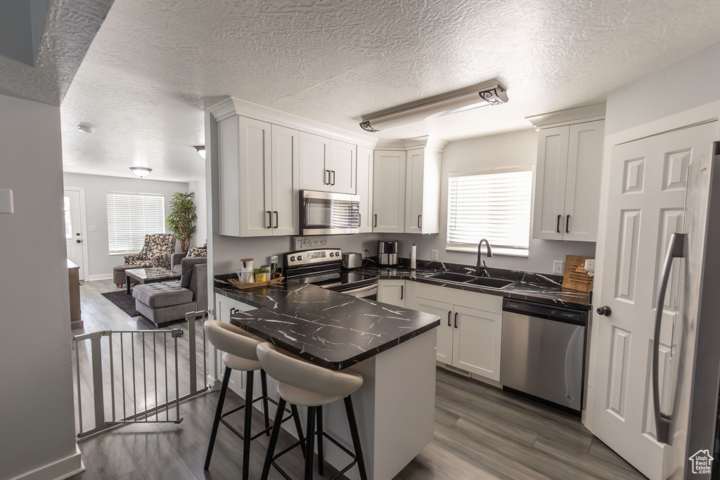 Kitchen featuring a wealth of natural light, a sink, dark countertops, stainless steel appliances, and a peninsula