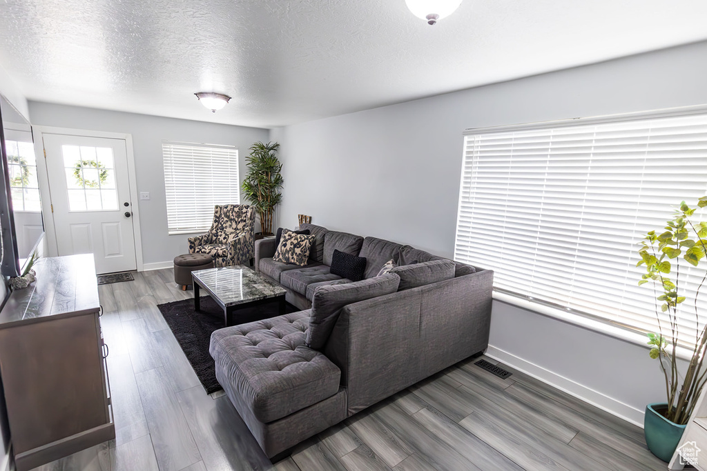 Living area featuring wood finished floors, baseboards, visible vents, and a textured ceiling