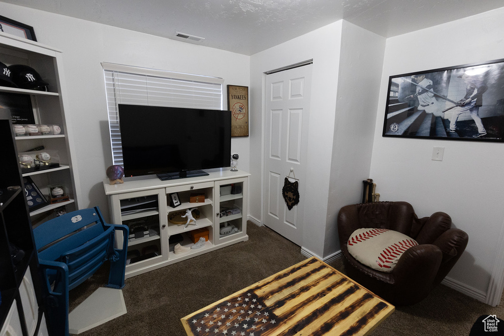 Living area with visible vents, a textured ceiling, baseboards, and carpet floors