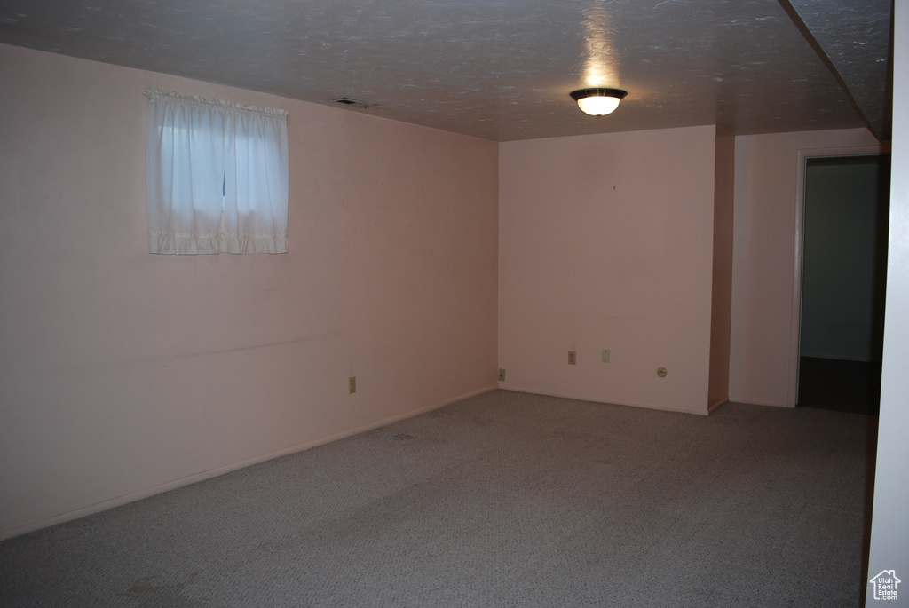 Below grade area featuring carpet flooring and a textured ceiling
