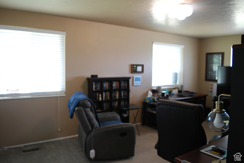 Carpeted home office featuring baseboards