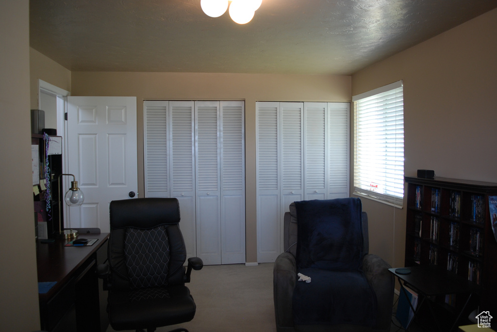 View of carpeted home office
