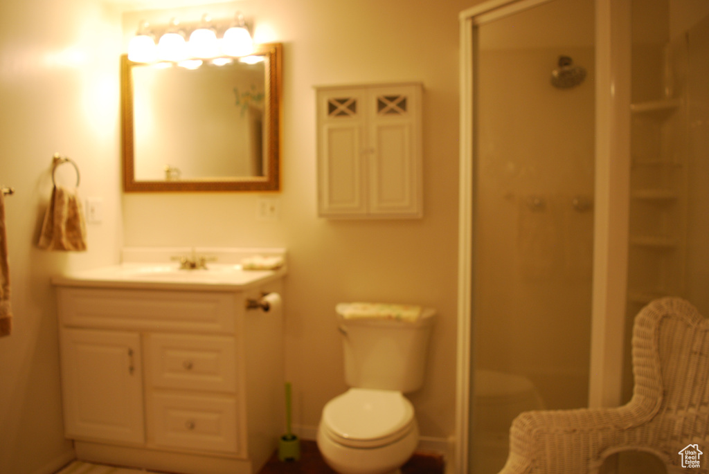 Bathroom with toilet, a stall shower, and vanity