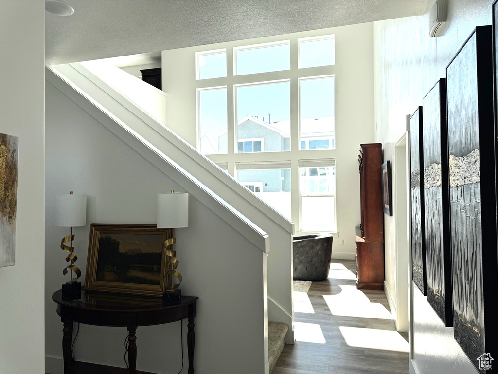 Stairs featuring wood finished floors