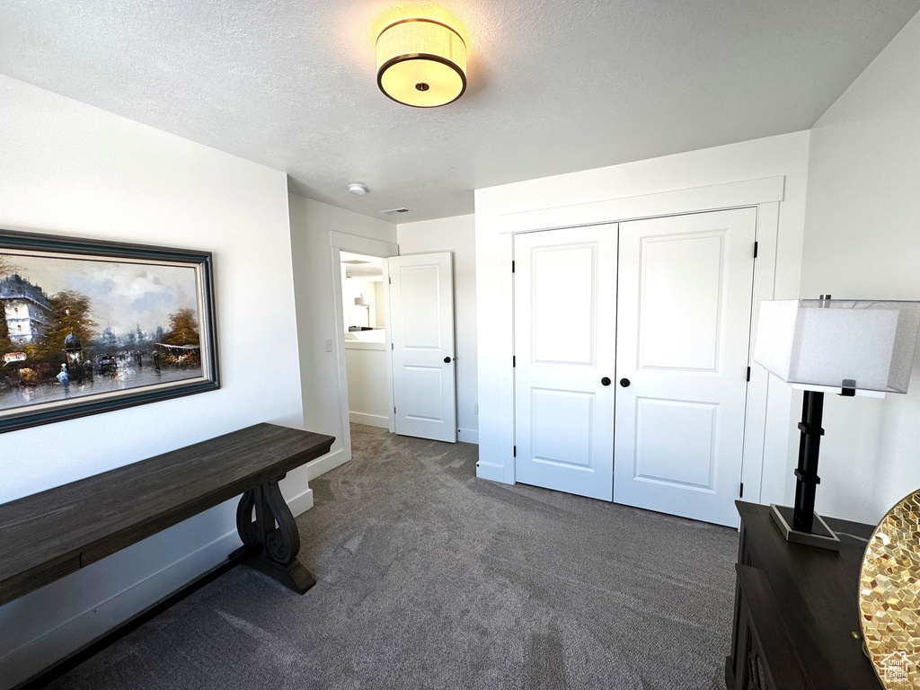 Interior space featuring baseboards, dark colored carpet, a closet, and a textured ceiling