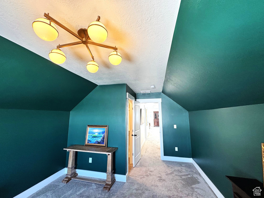 Additional living space featuring baseboards, carpet, lofted ceiling, and a textured ceiling