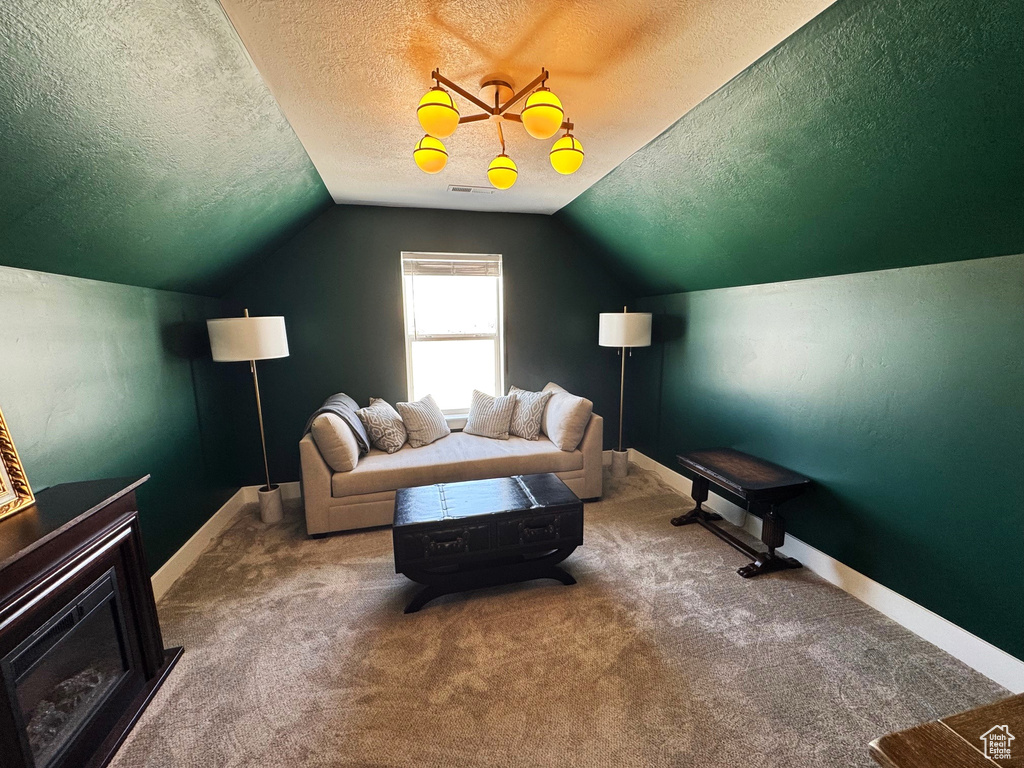 Interior space with baseboards, carpet, lofted ceiling, and a textured ceiling
