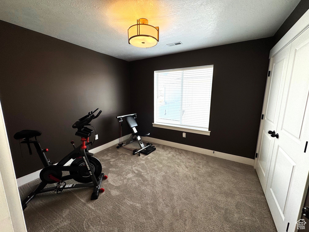 Exercise area with visible vents, baseboards, a textured ceiling, and carpet