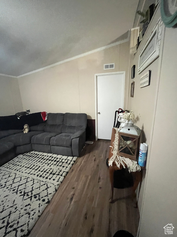 Living room featuring vaulted ceiling, visible vents, dark wood-type flooring, and ornamental molding
