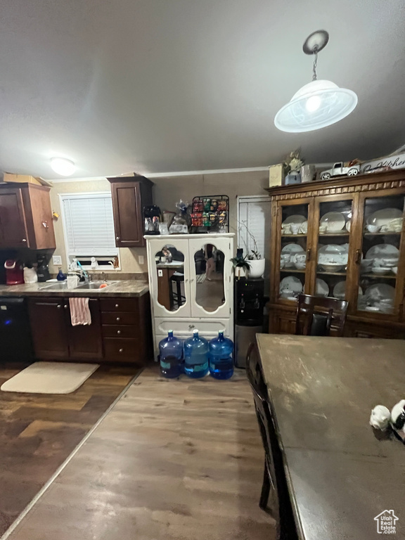 Kitchen featuring dark brown cabinets, dishwasher, light countertops, wood finished floors, and a sink