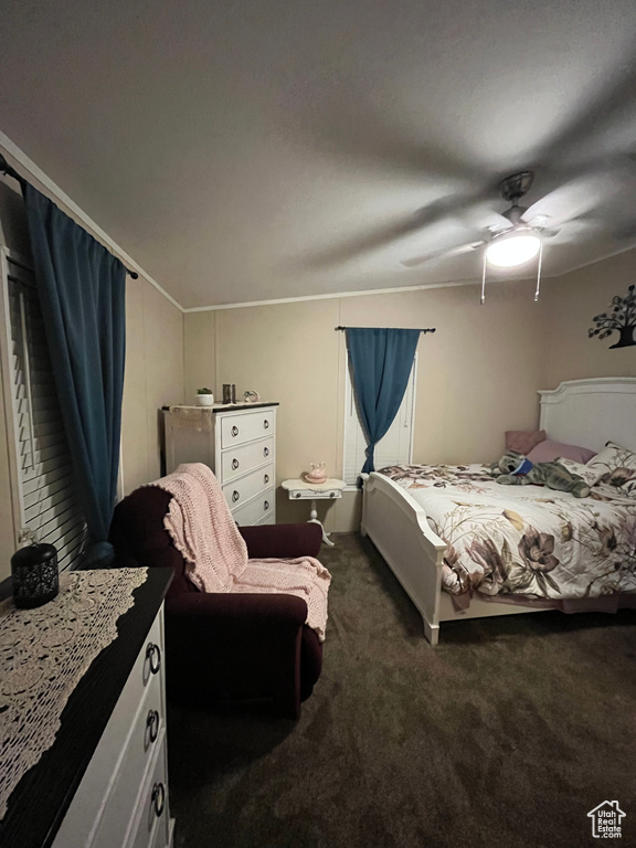Bedroom featuring dark carpet and ceiling fan