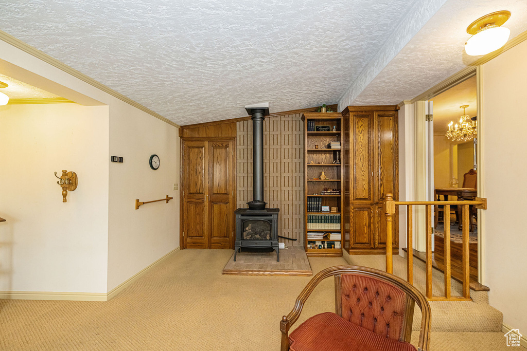 Living room with light colored carpet, a wood stove, ornamental molding, baseboards, and a textured ceiling