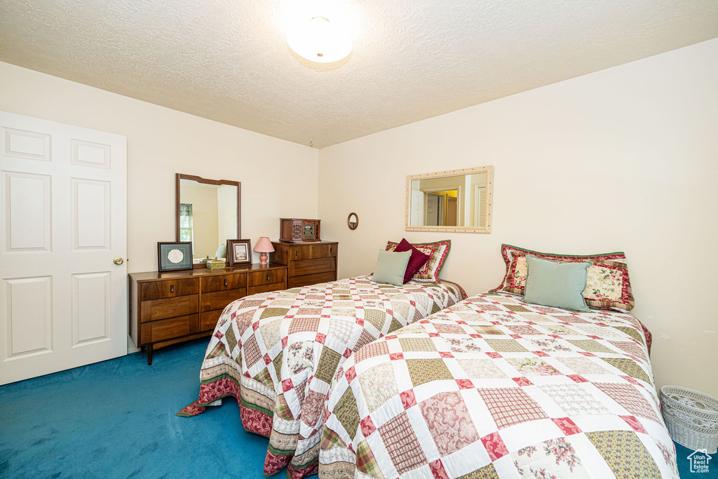 Carpeted bedroom with a textured ceiling