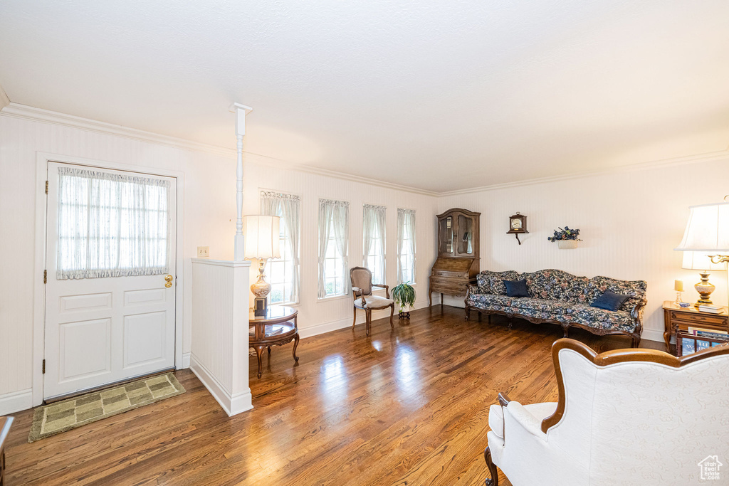 Living area featuring ornamental molding, plenty of natural light, wood finished floors, and baseboards