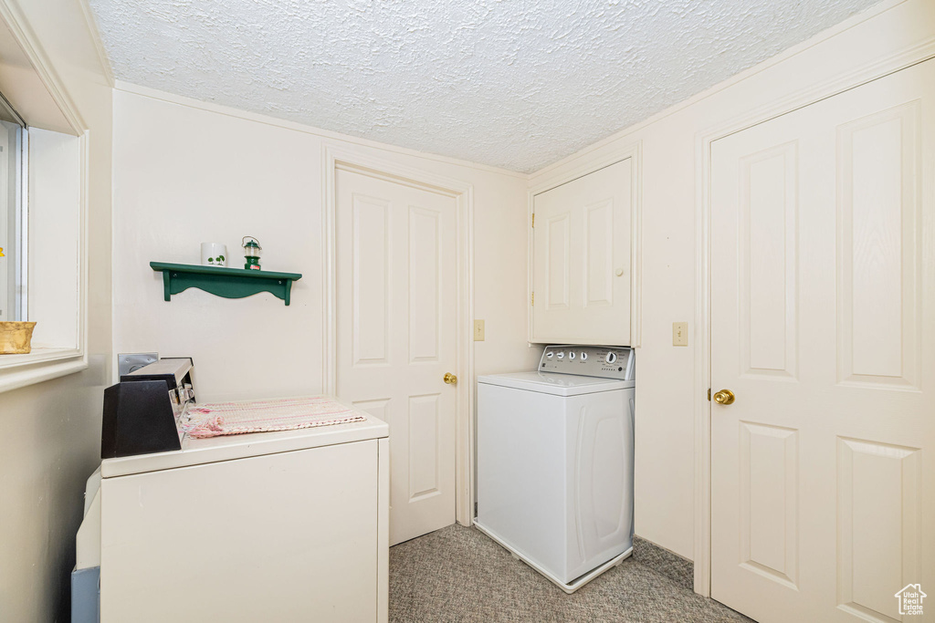 Laundry area with washer / clothes dryer, light carpet, and a textured ceiling