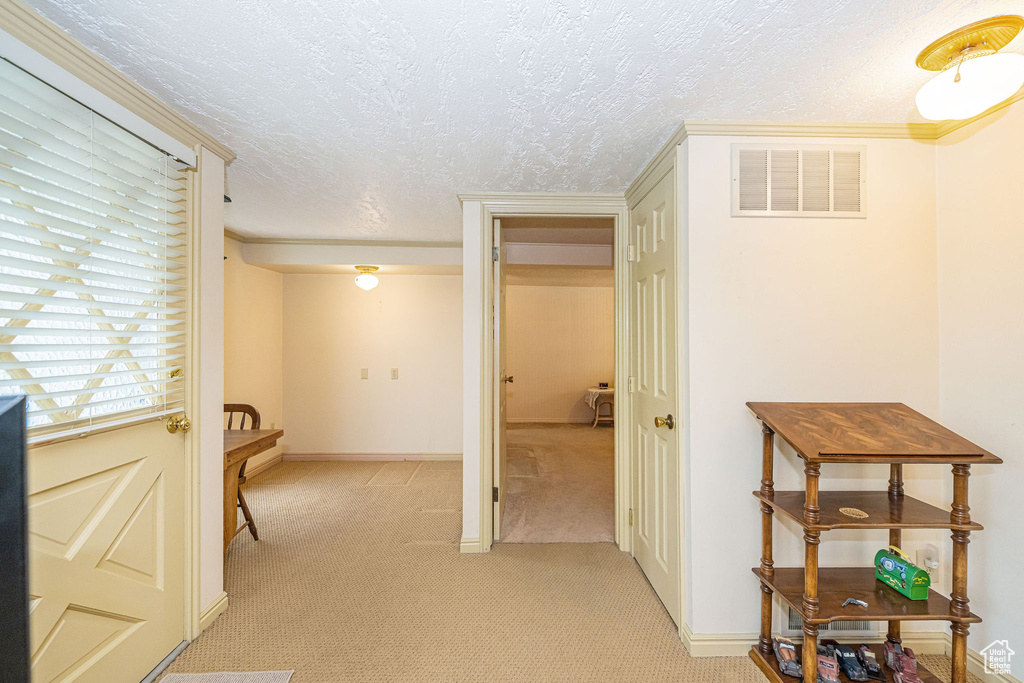 Corridor featuring a textured ceiling, light carpet, and baseboards