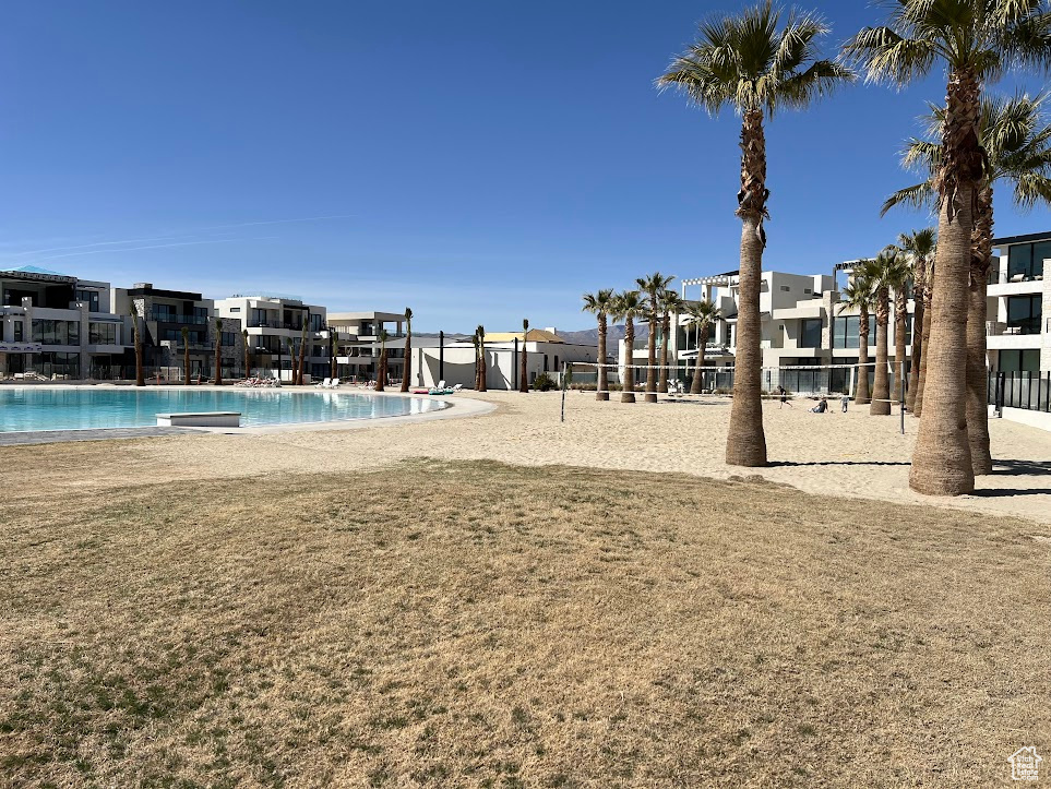 Community pool with a lawn