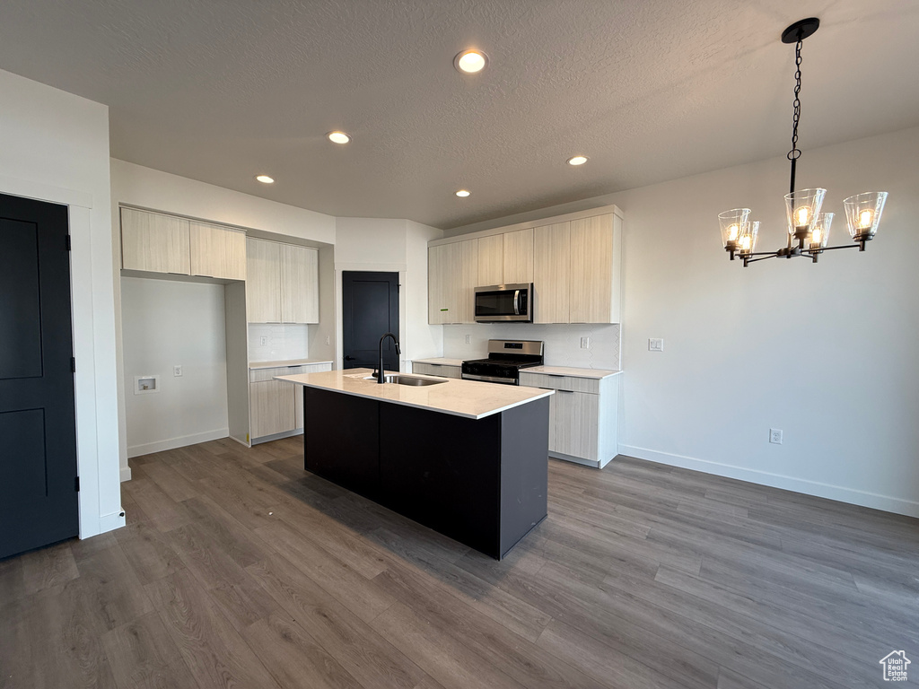 Kitchen featuring modern cabinets, an island with sink, a sink, stainless steel appliances, and light countertops