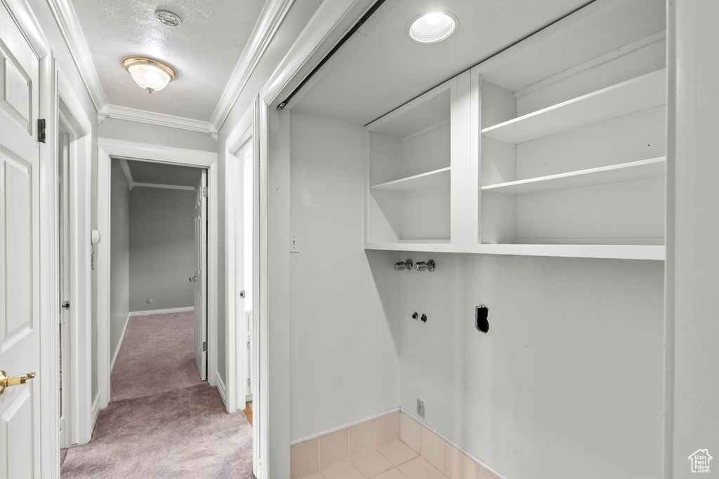Clothes washing area featuring washer hookup, laundry area, light colored carpet, baseboards, and ornamental molding