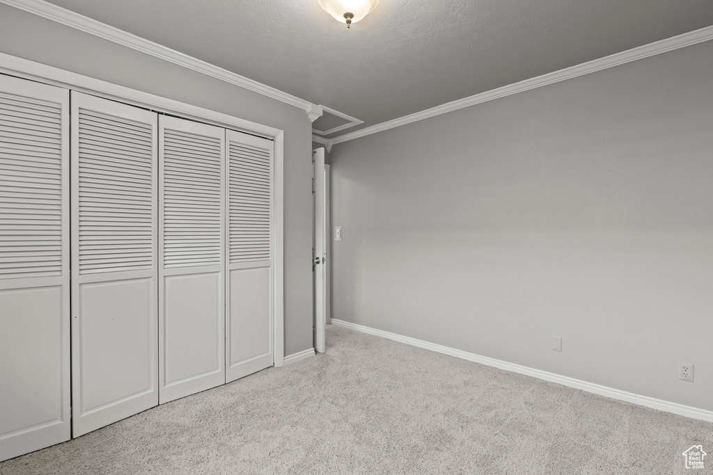 Unfurnished bedroom with carpet floors, ornamental molding, baseboards, and a closet