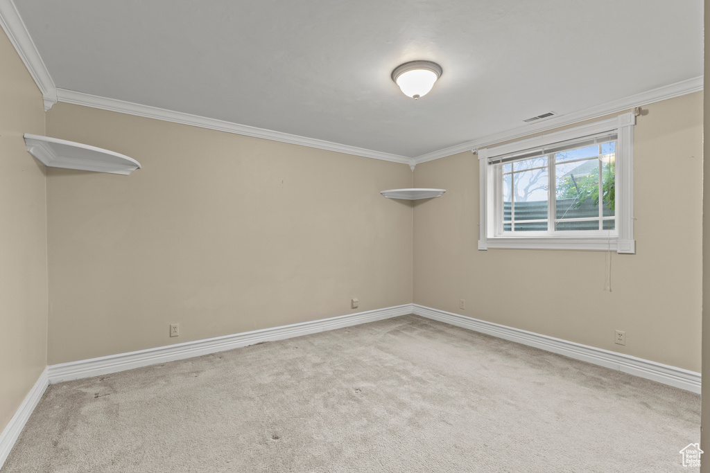Spare room featuring carpet floors and ornamental molding