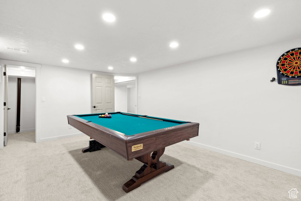 Rec room featuring recessed lighting, baseboards, light colored carpet, and billiards table