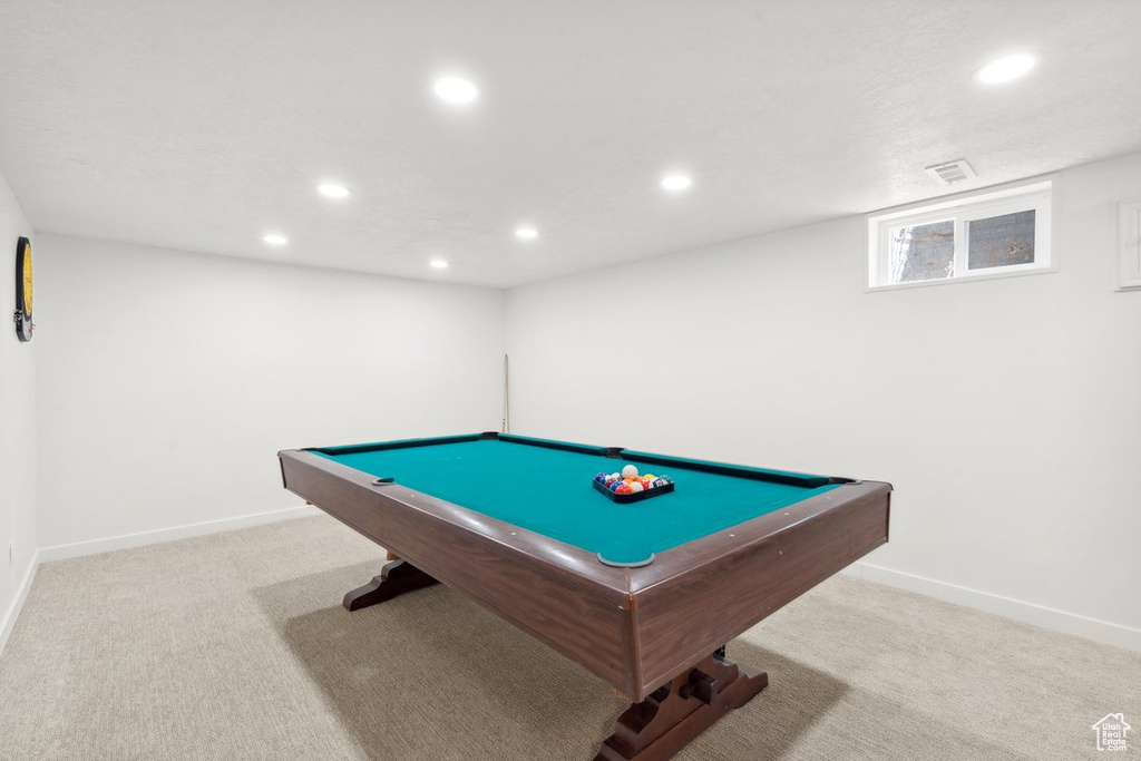 Recreation room with recessed lighting, carpet flooring, baseboards, and pool table