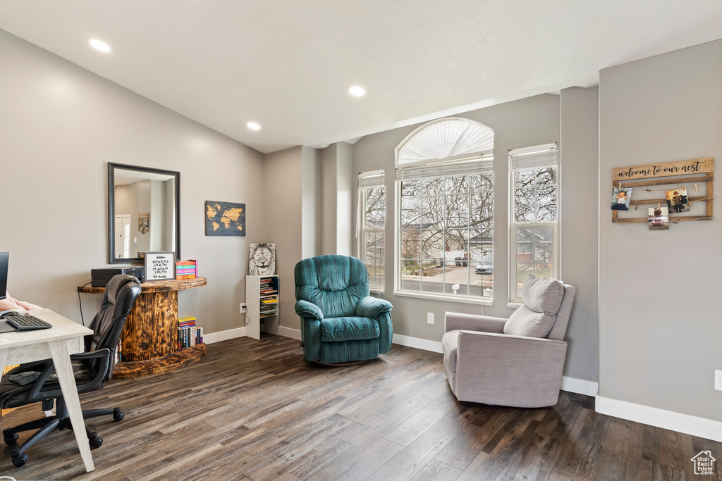 Office with recessed lighting, baseboards, and wood finished floors