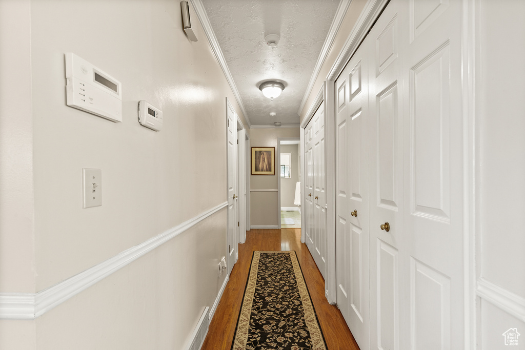 Hallway featuring crown molding, a textured ceiling, and wood finished floors