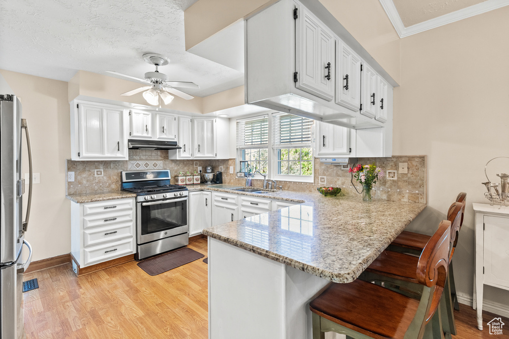 Kitchen featuring appliances with stainless steel finishes, a peninsula, under cabinet range hood, ceiling fan, and light wood-style floors