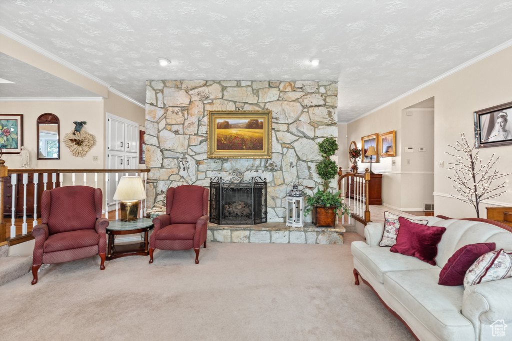 Carpeted living area featuring a fireplace, ornamental molding, and a textured ceiling