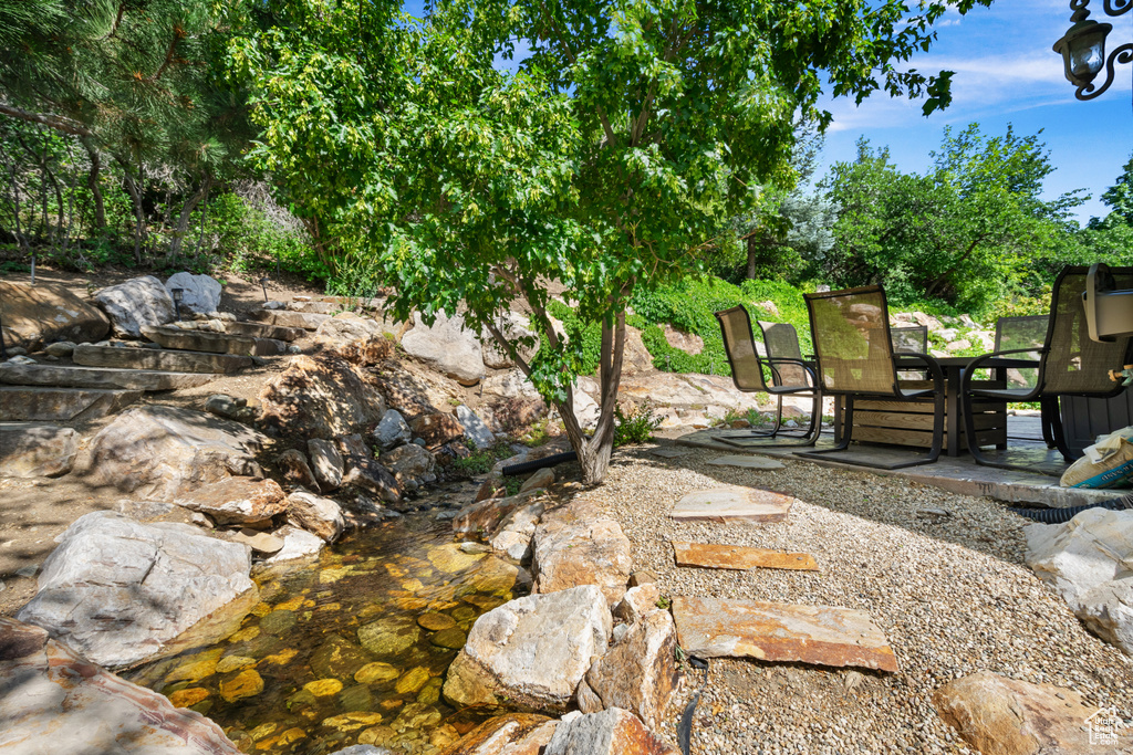 View of yard featuring outdoor dining area and a patio