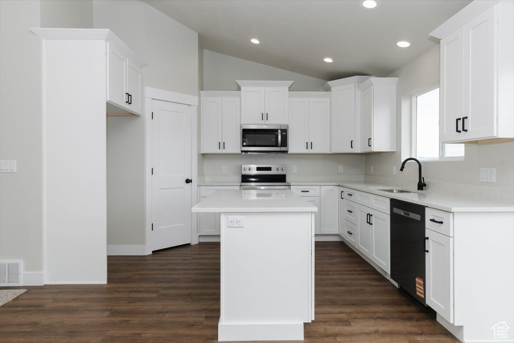 Kitchen with lofted ceiling, stainless steel appliances, a kitchen island, a sink, and dark wood-style floors